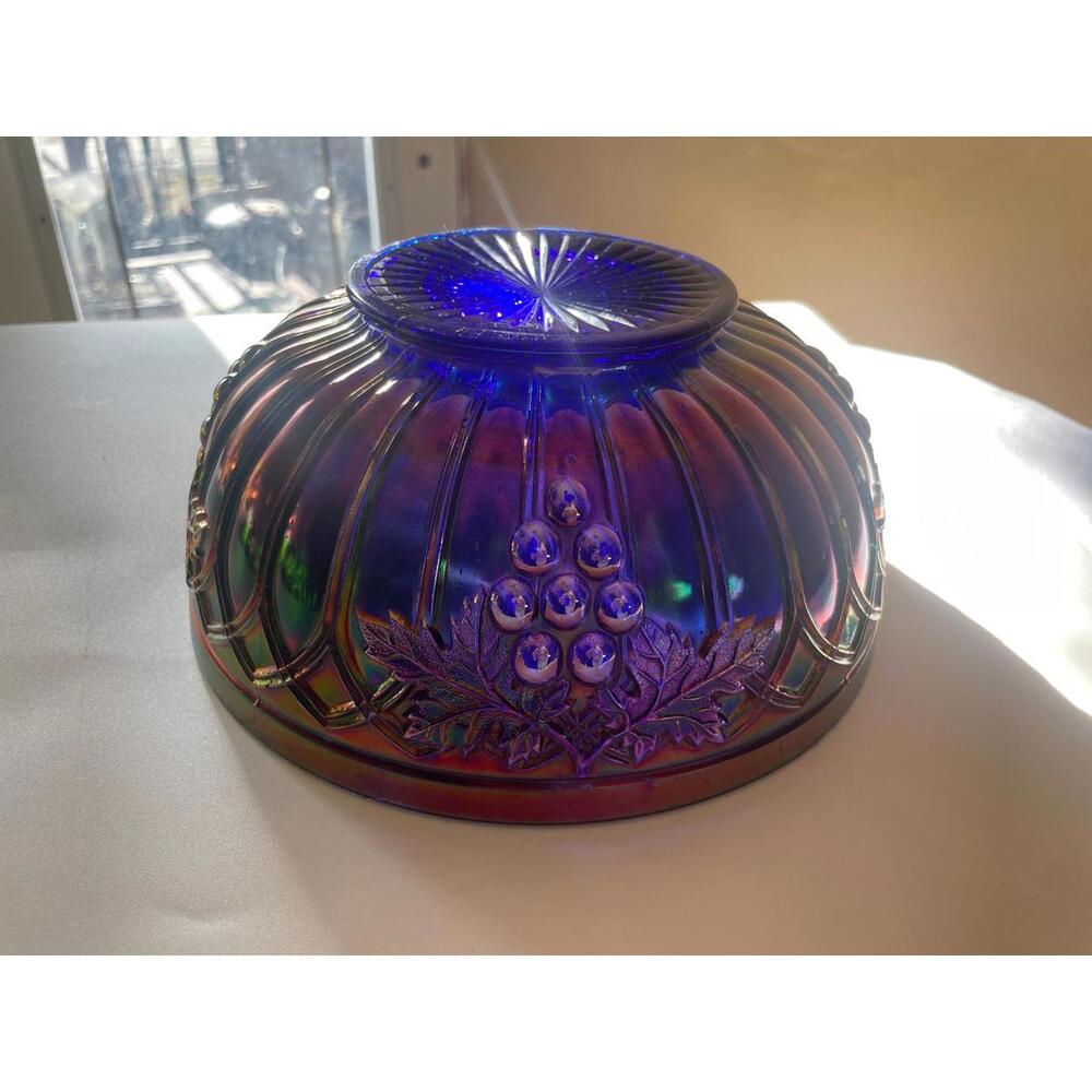 RARE! ~ Antique Northwood “Grapes & Gothic Arches” Blue Carnival Glass 10” Bowl